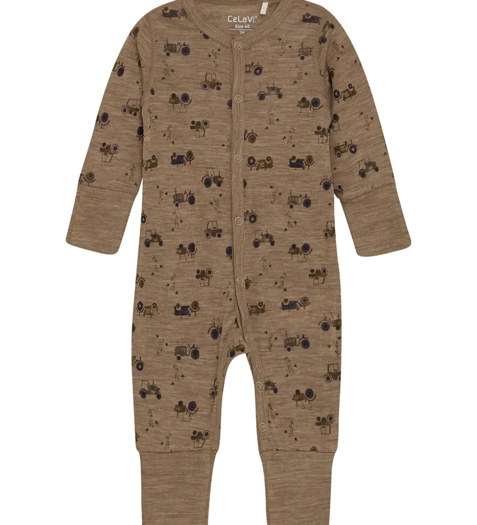 CaLaVi Heldragt - Uld - Cocoa Creme m. Traktorer