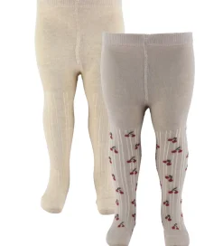 Minymo Strømpebukser - 2-pak - Light Taupe m. Kirsebær